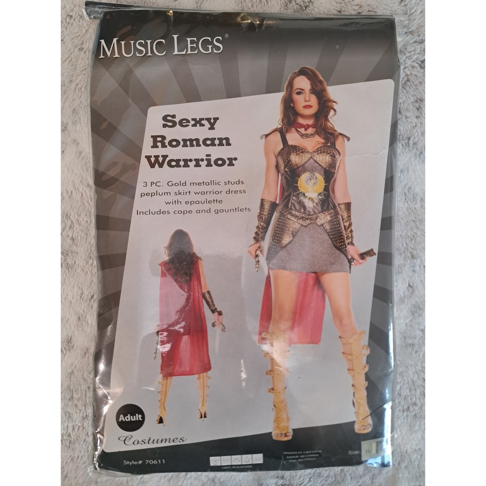 Music Legs Sexy Roman Warrior 3pc Dress Cape Gauntlets Gold Costume  Size XL